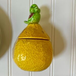 Vintage Lemon Sugar Bowl with Green Bird Accent